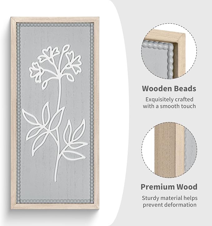 Gray Bathroom Wall Decor Set of 2, Rectangular 3D Wooden Floral Wall Art | Raised white floral cutouts in rectangular frames, ready to hang; neutral boho farmhouse decor for bedroom and hallway walls