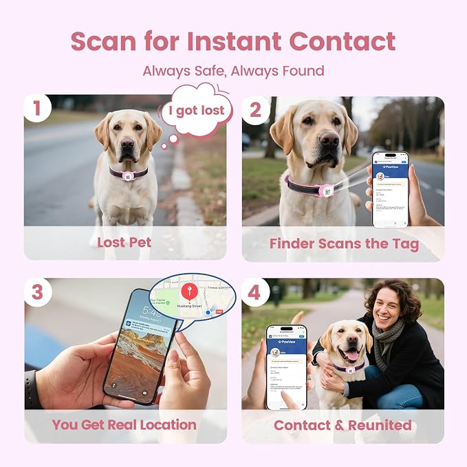 Smart Pet Tracker for Collar - Dog Trackers Location for Pet with Holder, No Monthly Fee, Real-Time Tracking, iOS Only, IPX6 Waterproof, Long-Lasting, Anti-Lost Tracker for Cats, Bag Straps,Pink