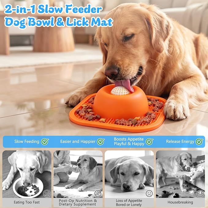 Slow Feeder Dog Bowls & Lick Mat for Liquid and Thick Treat, Anti-Slip Dog Lick Bowl with Interactive Rolling Ball, 5/6 Cup Pup Licking Toy for Large Medium Small Dogs and Cats-Large Orange