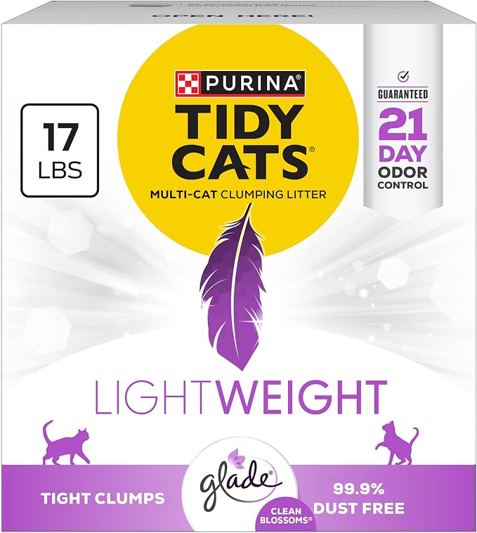 Purina Tidy Cats LightWeight Glade Clean Blossoms Litter, 17 lb | Glade Scented, tight clumping and low-dust formula offers 21-day odor control for multi-cat homes