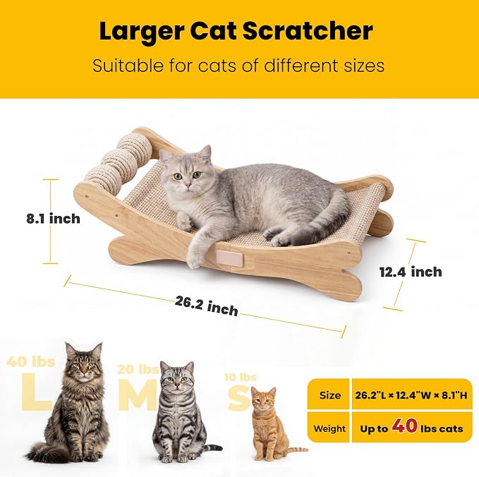 Sisal Cat Scratchers for Indoor Cats - 26.2" Large Cat Scratching Board, Wooden Cat Bed with Scratch Pad, Modern Cat Furniture for Lounging/Sofa Protector