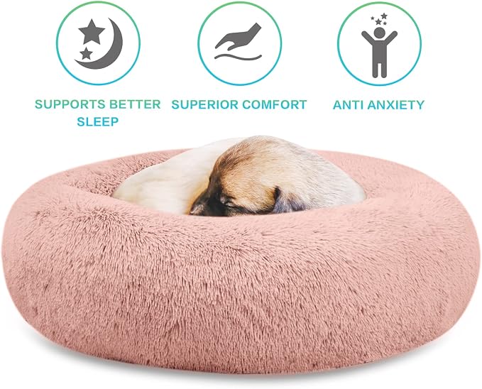 SAVFOX 23 inches Calming Donut Dog Bed - 3X Durable Plush Faux Fur, Machine Washable & Non-Slip, Fits up to 25 lbs, Pink
