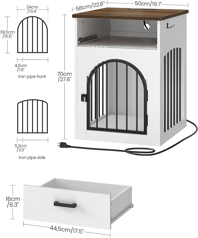 CHOEZON Dog Crate Furniture, Wooden Dog Kennel with Charging Station and Storage Drawer, Indoor Pet Crate End Table for Small Breeds, Dog Cage for Living Room, Bedroom, White and Walnut MGW01UWL
