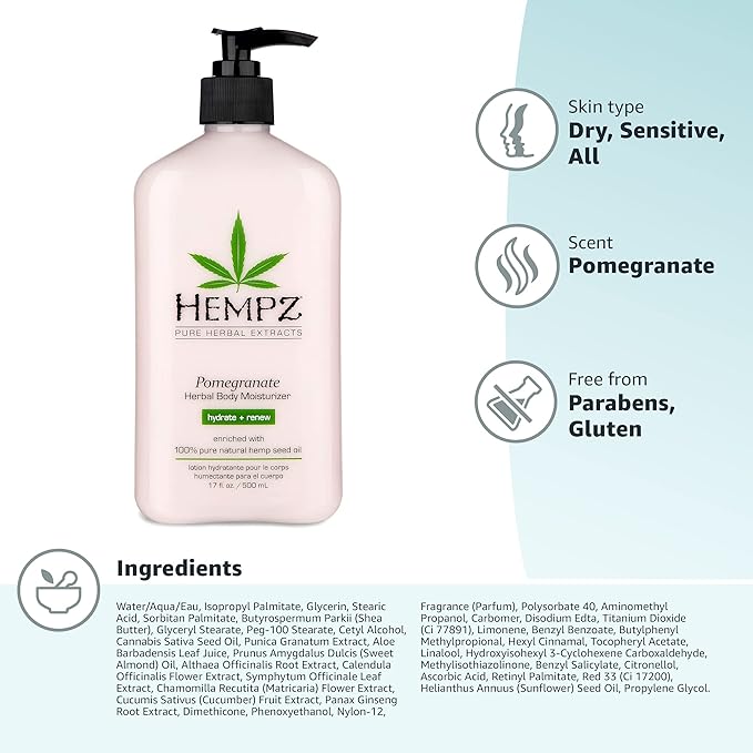 Hempz Body Lotion - Pomegranate - Bright Citrus - Daily Moisturizing Cream - 17oz,(Pack of 2)