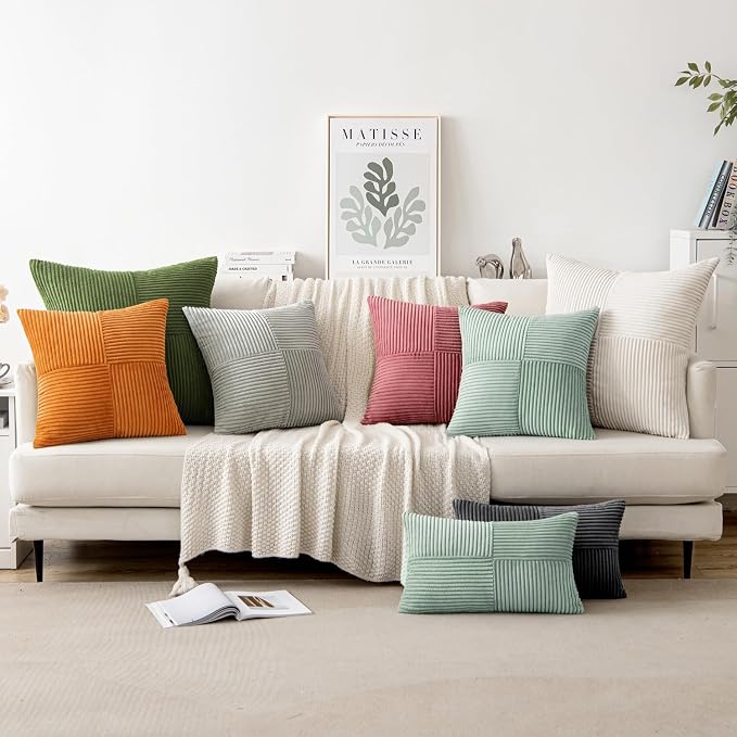 MIULEE Greyish Green Decorative Throw Pillow Covers for Couch 18x18 Inch | 2 Pack, Boho Farmhouse Pillow Covers, Soft Cross Corduroy Patchwork Textured Cushion Cases For Bed Sofa