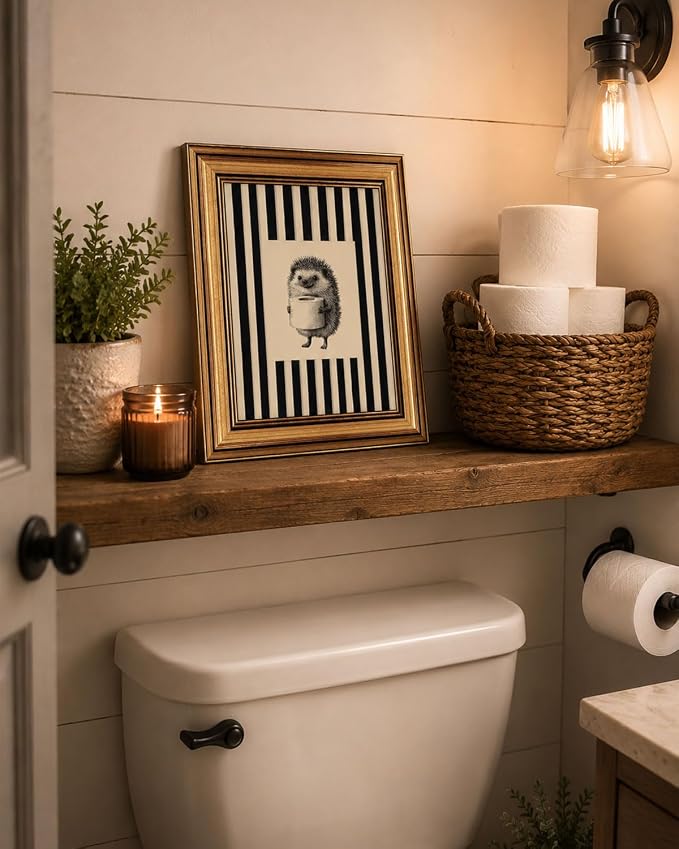 Gold Framed Wall Art, Funny Bathroom Hedgehog Canvas Prints, Vintage Hedgehog Holding Toilet Roll Picture Wall Decor, Striped Cute Animal Artwork for Bathroom Toilet Restroom 12x16 inch