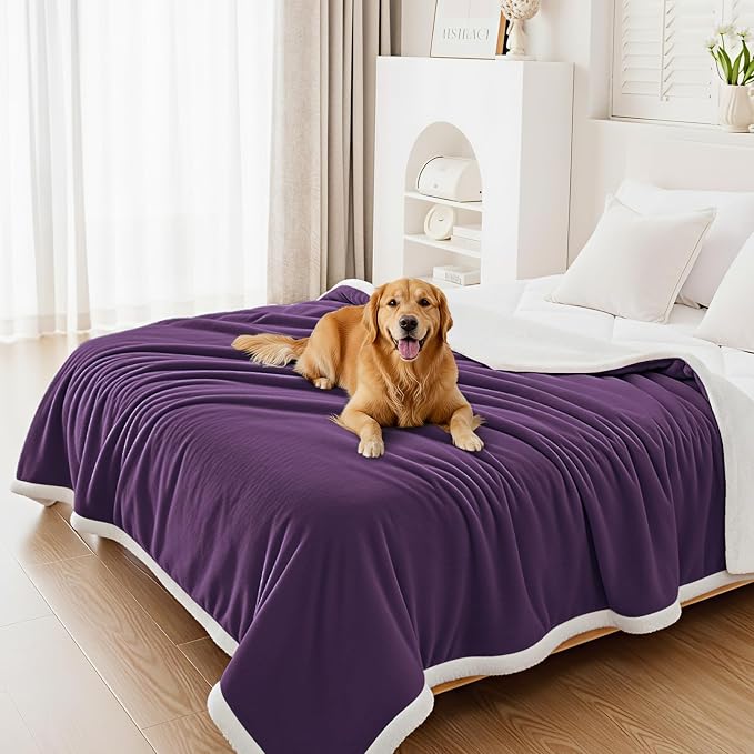 Smiry Waterproof Blanket Throw, Reversible Dog Blanket for Sofa Couch Bed | Soft Leakproof Sherpa Fleece, Washable Furniture Couch Protector for Large Dogs Cats, 60"x80", Dark Purple/White