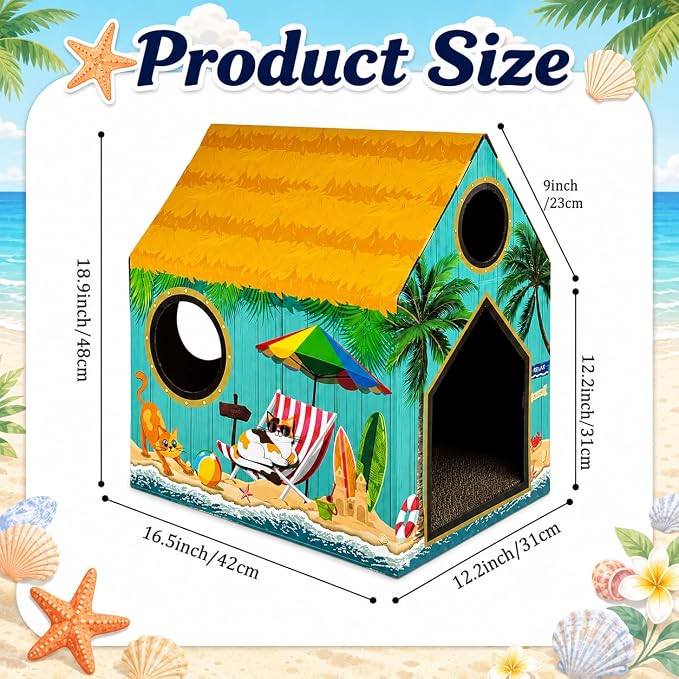 Cinrobiye Cardboard Cat House with Scratcher, Indoor Cat Condo Cat Cave Hideout with Scratch Pad, Cardboard Cat Playhouse Bed for Cats, Kittens, Rabbits & Small Pets (Beach)