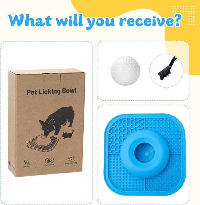 Slow Feeder Dog Bowls & Lick Mat for Liquid and Thick Treat, Anti-Slip Dog Lick Bowl with Interactive Rolling Ball, 5/6 Cup Pup Licking Toy for Large Medium Small Dogs and Cats Blue