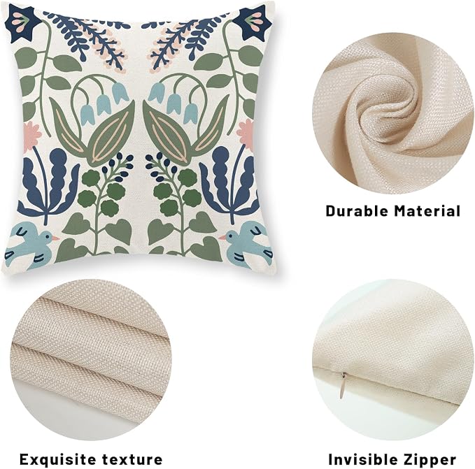 Boho Navy Blue Green Flower Pillow Covers 20x20 Inch Set of 2 Sage Green Floral Throw Pillows Vintage Flower Outdoor Pillowcase Linen Seasonal Decorations Farmhouse Cushion Case for Sofa Home