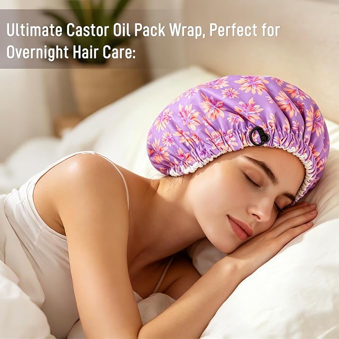 Castor Oil Pack Wrap Organic Cotton for Hair Growth, Overnight Hair Wrap for Sleep, Reusable Hair Mask Cap for Castor Oil Treatment of Balding,Thinning Dry and Damaged Hair(Oil Not Included) Purple, S