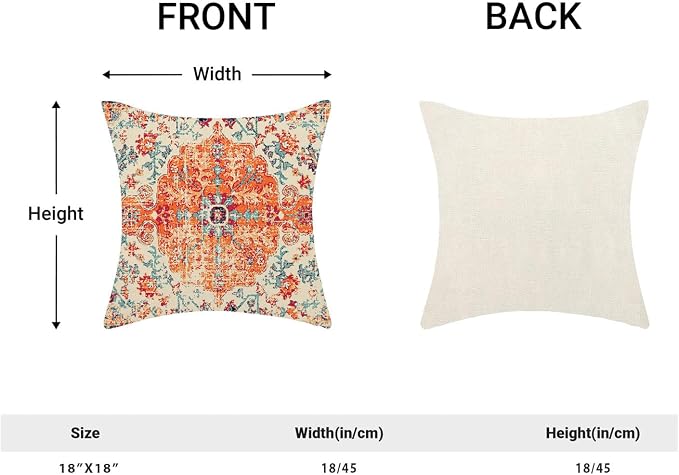 AEIOAE Boho Pillow Covers 18x18 Inch Set of 2,Carpet Pattern Throw Pillows Case,Orange Blue Ethnic Design Outdoor Decorative Square Linen Farmhouse Decor Cushion Covers for Home Sofa Bed Couch