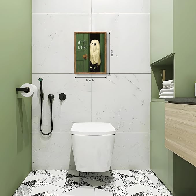 Funny Halloween Bathroom Wall Art, Vintage Cute Ghost Cat Canvas Wall Decor Paintings, Funny Are You Pooping Artwork Poster Print Picture for Bathroom Restroom 12x16 Inch Framed