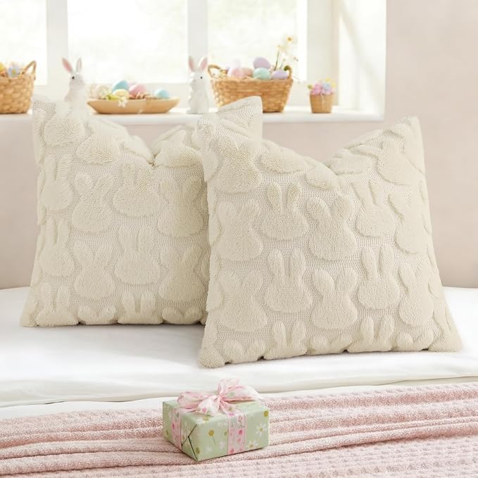 decorUhome Beige Faux Fur Bunny Throw Pillow Covers 18x18 Set of 2 | Plush Soft Wool Jacquard Beige Rabbit Cushion Covers, Modern Farmhouse Easter Holiday Decor PillowCases for Sofa Bed
