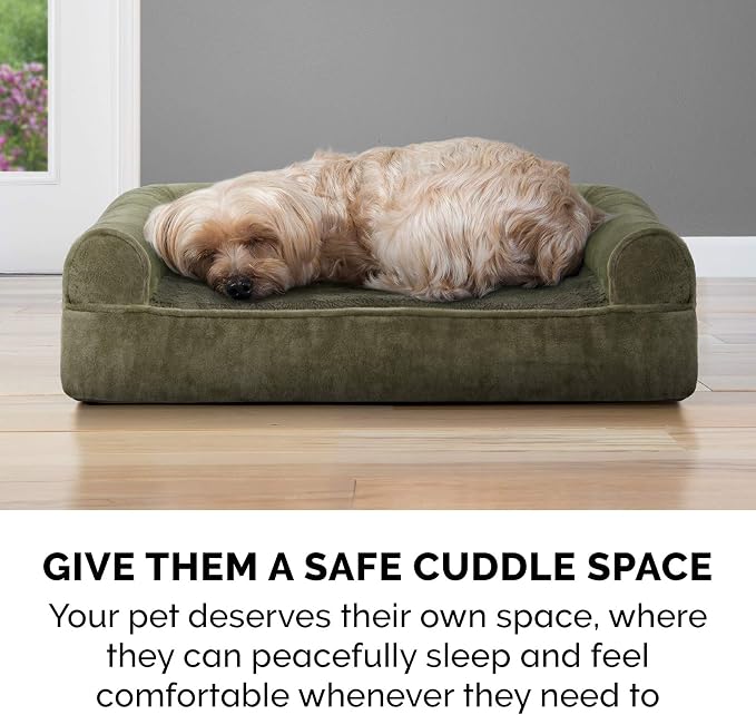 Furhaven Cooling Gel Dog Bed for Medium/Small Dogs w/ Removable Bolsters & Washable Cover, For Dogs Up to 35 lbs - Faux Fur & Velvet Sofa - Dark Sage, Medium