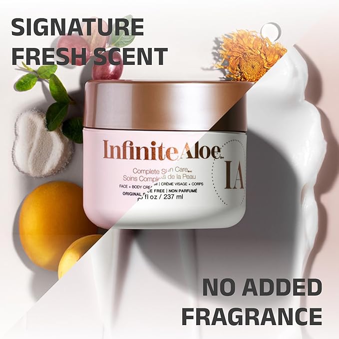 InfiniteAloe Complete Skin Care, Aloe Vera Powered Face and Body Cream for Dry Skin Relief, Fragrance Free - 4 Large Jar 8 oz & 4 Travel Jar 0.5 oz