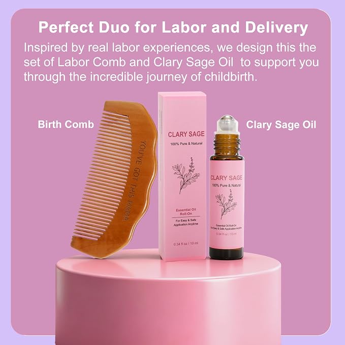6 Pcs Labor & Postpartum Essentials Recovery Kit , Includes Labor Comb,Clary Sage Oil,Peri Bottle,24 Pad Liners, Perineal Soothing Foam,Socks,Hospital Bag Must Haves for New Mom