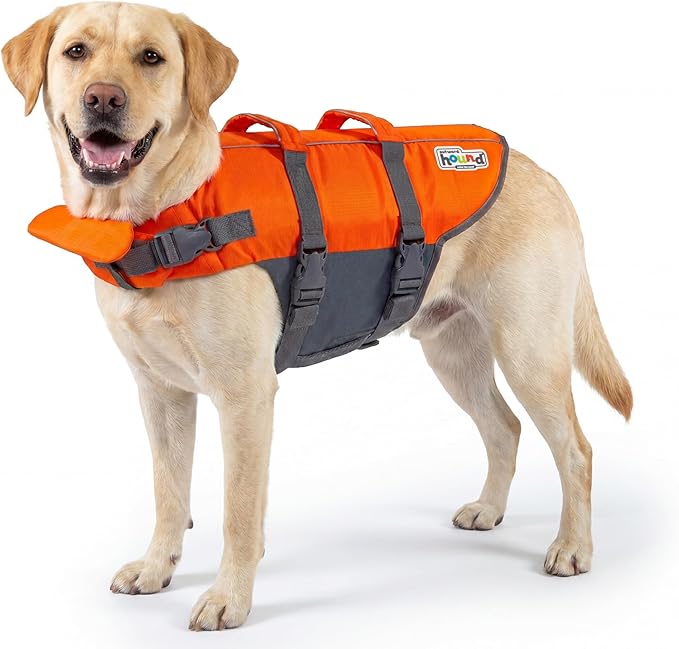 Outward Hound Granby Splash Dog Life Jacket, Life Vest, Orange, Large | Max Buoyancy, Adjustable Fit, Head/Neck Support, Rescue Handle, Reflective, Swimming & Boating, Large Dogs (28–32" Girth)