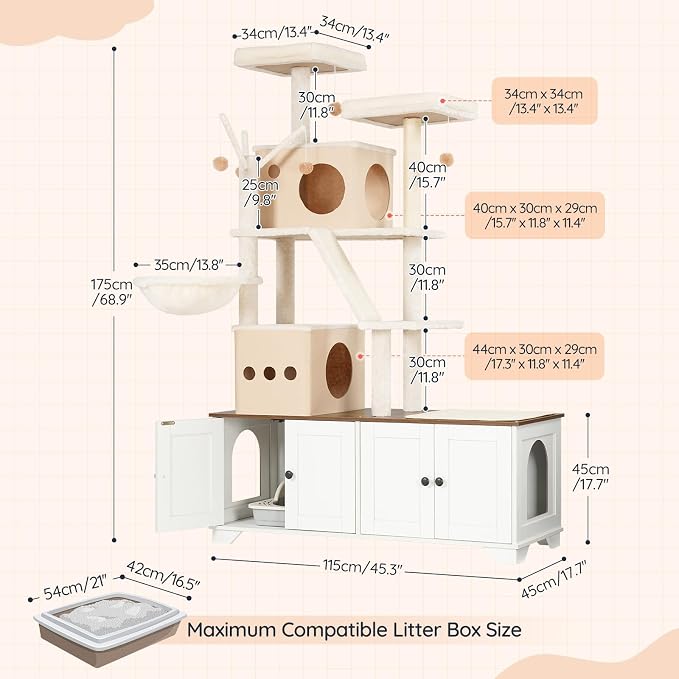 HOOBRO Double Litter Box Enclosure with Cat Tree, 45.3" L x 17.7" W x 68.9" H All-in-One Modern Cat Tower with Bed, Hidden Litter Box Enclosure Furniture, with Hammock, Sisal Posts, White WH22MZ03