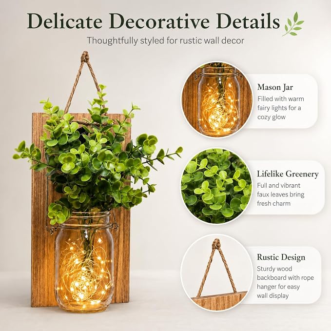 Rustic Wall Sconces, Mason Jar Sconces, Farmhouse Home Decor, LED Fairy Lights, Green Fake Plant, Interior Decoration Warm Toned Lighting. (2 Pack)