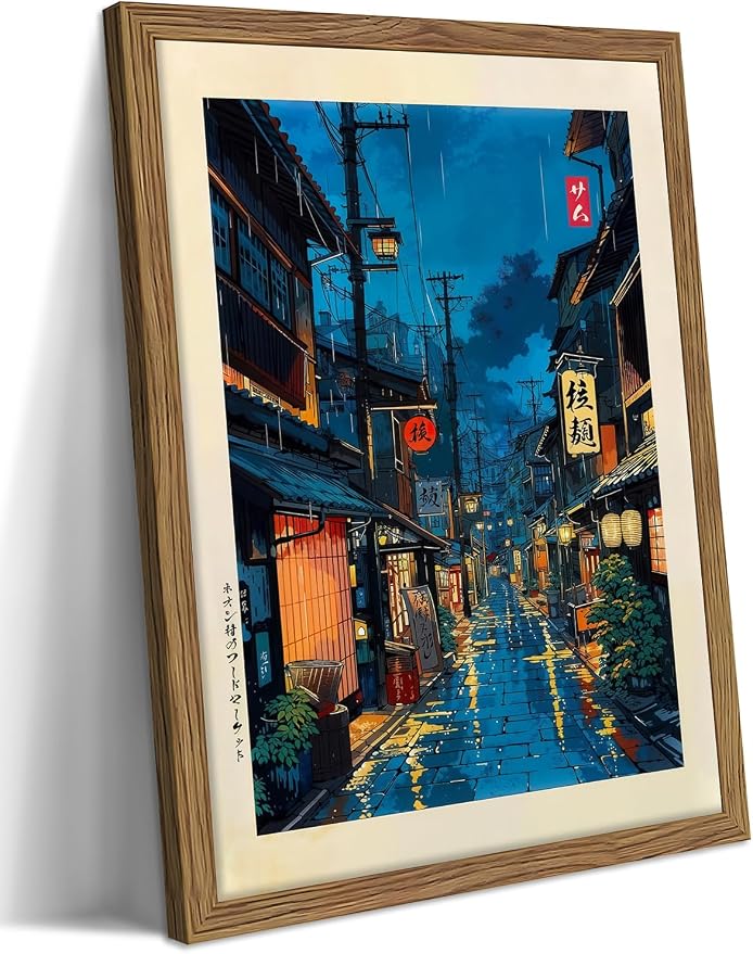 Framed Japanese Wall Art, Asian Tokyo Tea House Canvas Wall Decor Painting, Cool Japanese Night Posters Prints Pictures for Bedroom Living Room Bathroom Home Decor 16x24 Inch