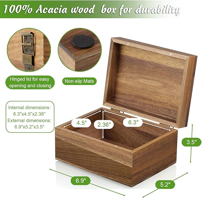 DRASTAR Keepsake Box, Acacia Wood Memory Box with Hinged Lids, Wooden Jewelry Box, Small Storage Box,3x5, 4x6 Decorative Card Box, Bridal Shower Gifts