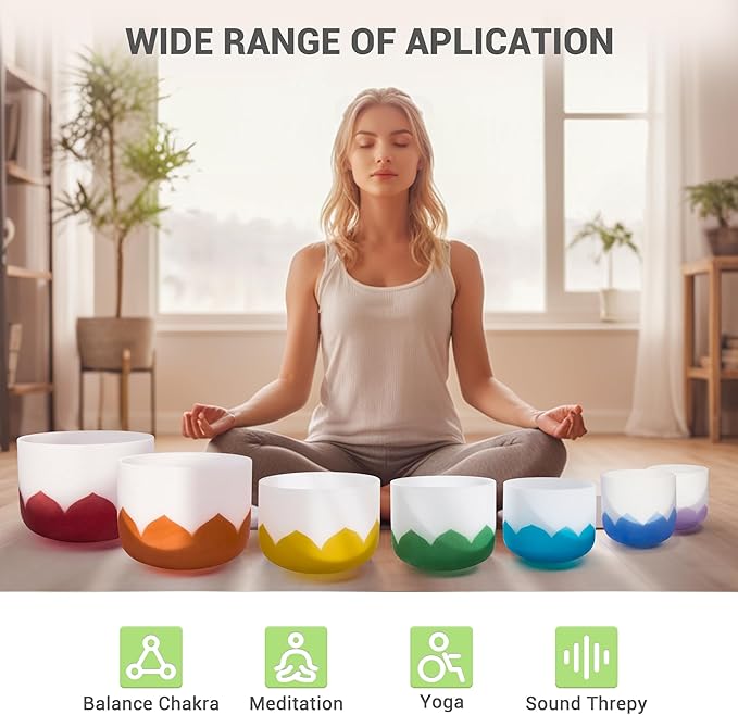 432Hz 6-12 Inch Set of 7 Lotus Quartz Crystal Singing Bowls with Gradient Colored Design, 2 Travel Carry Case Bags and Resonance Striker for Meditation and Sound Therapy