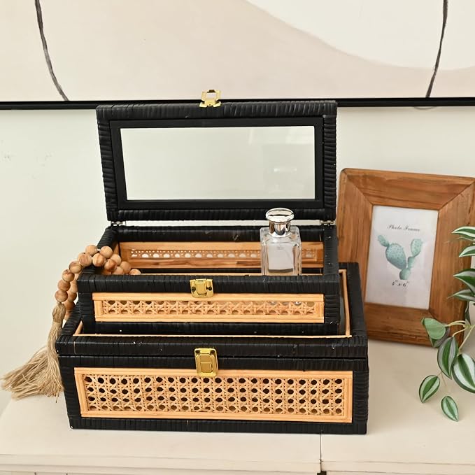 Black Rattan Decorative Storage Boxes with Glass Lids – Set of 2 Ribbed Wood Display Cases with Cane Weave & Solid Base – Nesting Coffee Table Organizer for Boho Chic Home Decor, Keepsakes