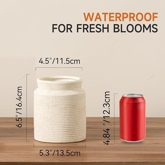 Ceramic Flower Vase 6.5 inch Farmhouse Rustic Vase for Home Decor Handcrafted Pottery Vase Small Terracotta Vases for Table Decor Fireplace Living Room Bathroom Wedding Centerpiece (S-Off White)