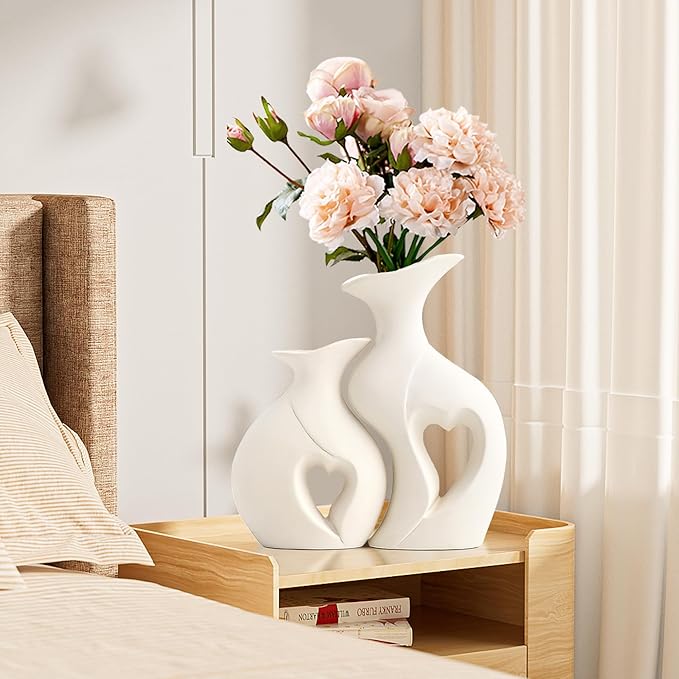 XL White Flower Vases, Nordic Heart Shaped Ceramic Vase Set of 2 | Modern Home Decor, Table Centerpiece, Dining Living Room Office Coffee Table, Wedding House Decoration,H 10.1 inches