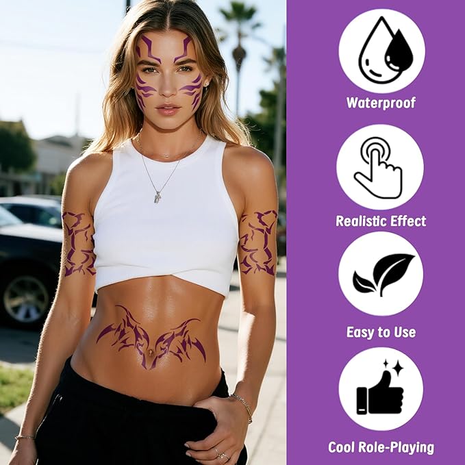 Temporary Tattoos For Men and Women - 12 Sheets Full Body Tattoos Stickers Waterproof Movie Cosplay Costume Accessories for Boys Girls Festival Party Rave Stage Makeup Decoration（Luminous）