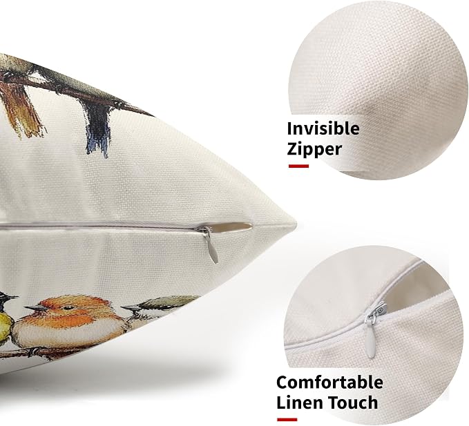 Oil Painted Birds Lumbar Pillow Covers 12x20 Inch Set of 2 Cute Spring Summer Bird Rustic Decorative Pillow Cases Outdoor Linen Square Cushion Cover Farmhouse Decor for Bedroom Home Sofa Couch Bed