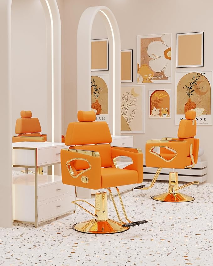 Baasha Orange Gold Reclining Salon Chair with Removable Headrest, Heavy-Duty Barber Chair with Steel Frame, Comfortable Design, 440 lbs Capacity