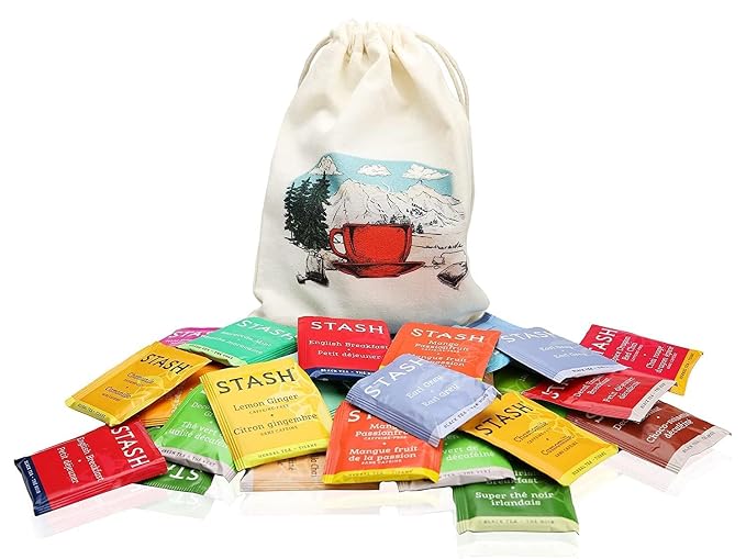 Stash Tea Sampler Variety Pack – 40 Count Assorted Tea Bags in Handmade Cotton Pouch | 18 Flavors Black Green Herbal Fruit Tea for Tea Lovers, Mom, Dad, Wife, Husband, Family, Friends