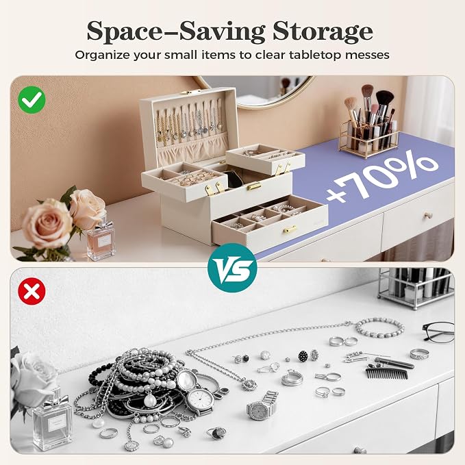 Jewelry Organizer Box, Large Jewelry Boxes for Women Girls, Space-Saving 3 Layers Jewelry Storage Case with Drawer, Movable Metal Stand, Modern, Gift Idea (Cloud White + Gold)
