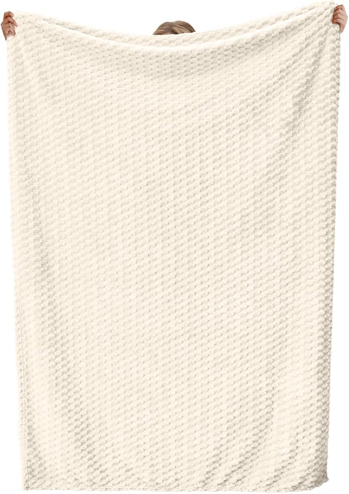 Vessia Flannel Fleece King Size Bed Blanket(108x90 inch), 3D Jacquard Cream Fuzzy and Warm Blanket for Adults, 300GSM Super Soft Touch Cozy Lightweight Ivory Home Decor for All-Season
