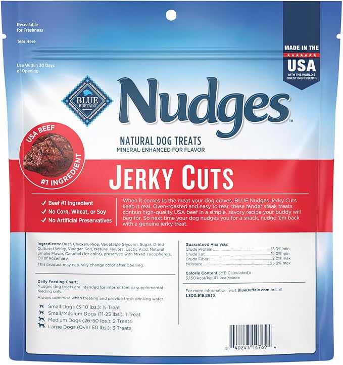 Blue Buffalo Nudges Jerky Cuts Dog Treats, Made in the USA with Natural Ingredients, Steak, 16-oz Bag (Pack of 4)