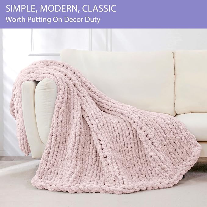 Bigacogo Chunky Knit Throw Blanket for Couch, 51x63 inches, Rose Tan | Hand Knit with Jumbo Chenille, Soft Breathable Cable Knit for Sofa Bed Living Room, Machine Washable, Gift for Mom Friend