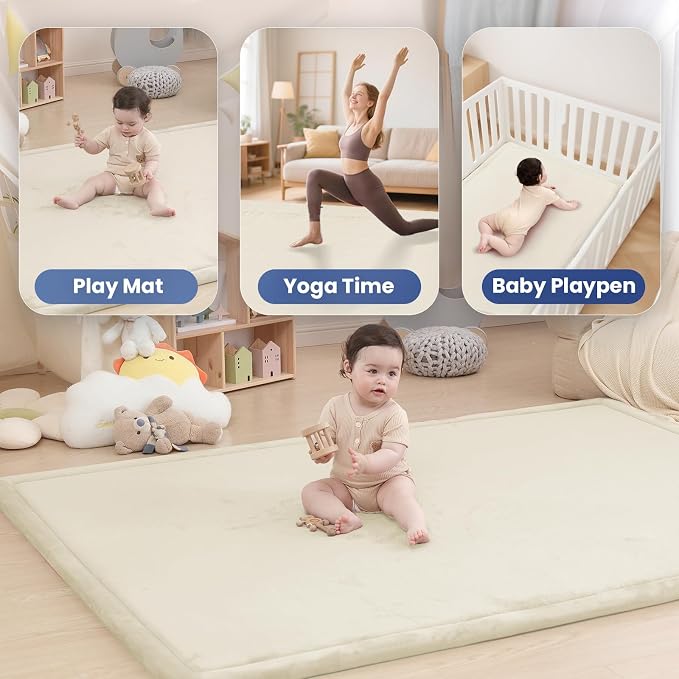 Baby Play Mat for Floor,1.3" Thick Memory foam Tummy Time Mat for Toddlers,Infants,kids,Water-Repellent Soft Nursery Rug,Extra Large Non Slip for Crawling&Yoga,Tatami Style for Living Room(Cream)