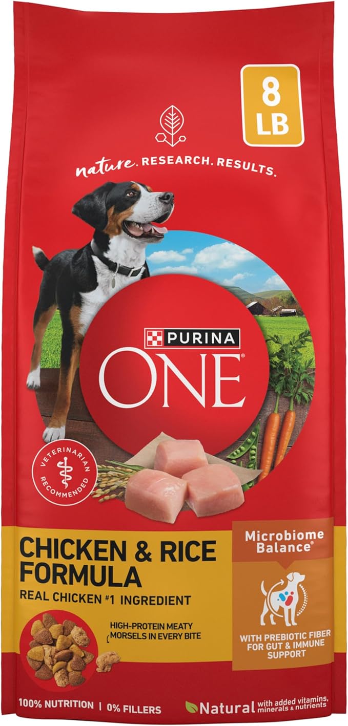 Purina ONE Chicken & Rice Formula Dry Dog Food, 8 lb Bag | High protein dog food with a microbiome balance and SmartBlend of ingredients like prebiotic fiber for gut and immune support