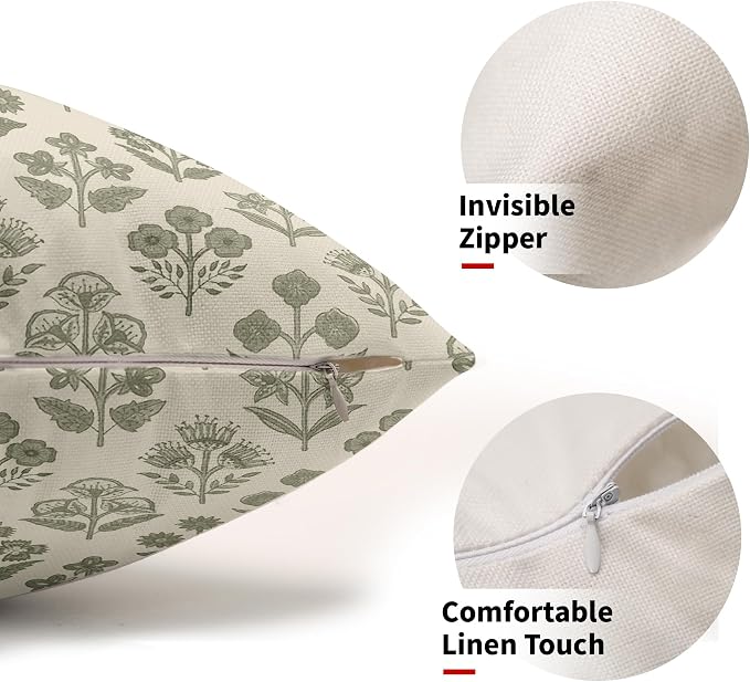 Sage Green Floral Pillow Covers 12x20 Inch Set of 2, Block Print Lumbar Flower Cream Decorative Throw Pillowcases Outdoor Farmhouse Rectangle Cushion Covers Spring Summer Sofa Couch Bed Decor