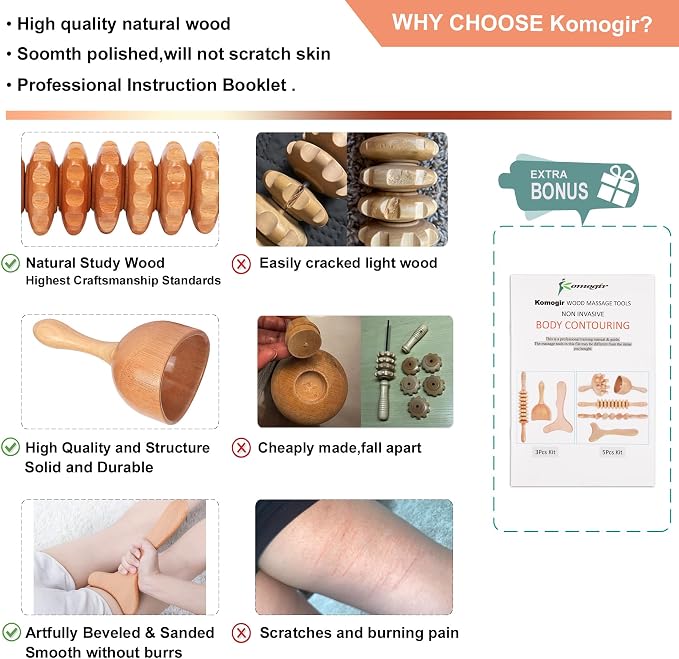 Komogir 3-in-1 Wood Therapy Massage Tools Lymphatic Drainage Massager Wooden Massager for Maderoterapia,Anti-Cellulite, Body Sculpting & Contouring