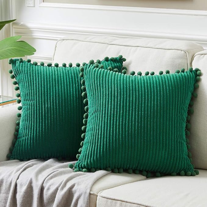 Fancy Homi Pack of 2 Corduroy Christmas Decorative Throw Pillow Covers with Pom-poms, Soft Solid Square Cushion Pillow Cases Set for Couch Sofa Bedroom Car Living Room (16x16 Inch/40x40 cm, Green)