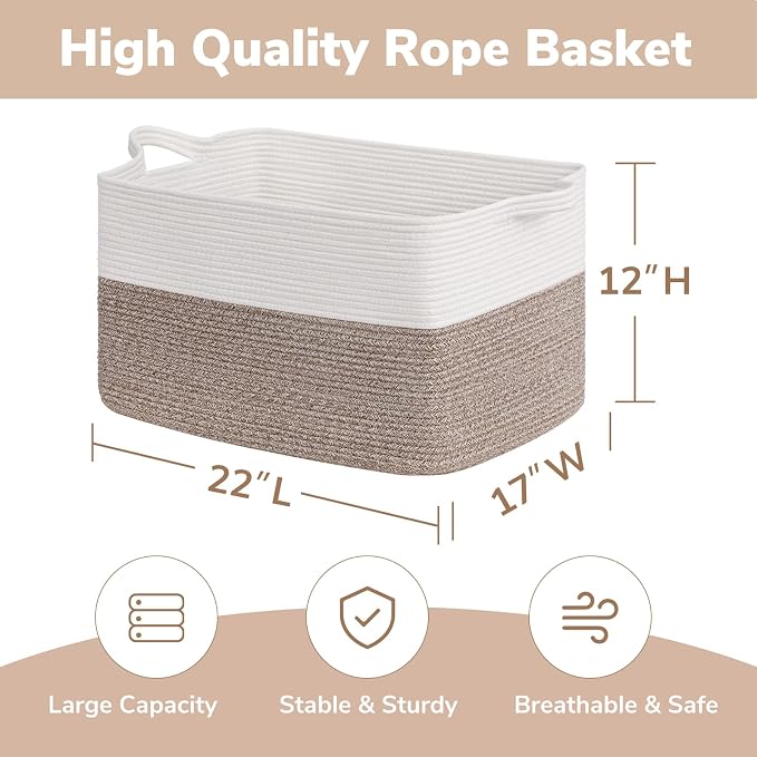 Goodpick 75L Extra Large Woven Blanket Basket, 22" x 17" x 12", Brown | Decorative Storage Basket for Blankets, Toys & Clothes, Cotton Rope Basket for Living Room & Bedroom, Built-In Handles