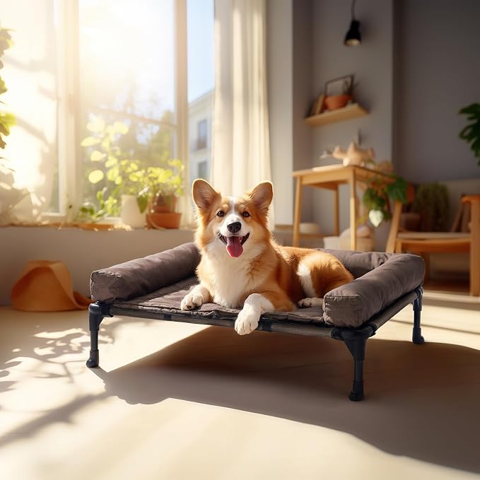 Veehoo Outdoor Elevated Dog Bed with Waterproof Bolster Cushion, Cooling | Raised Dog Bed with Removable & Washable Mat Topper, Breathable Mesh, Dog Couch Cot for Indoor Outdoor, 32", Medium, Brown