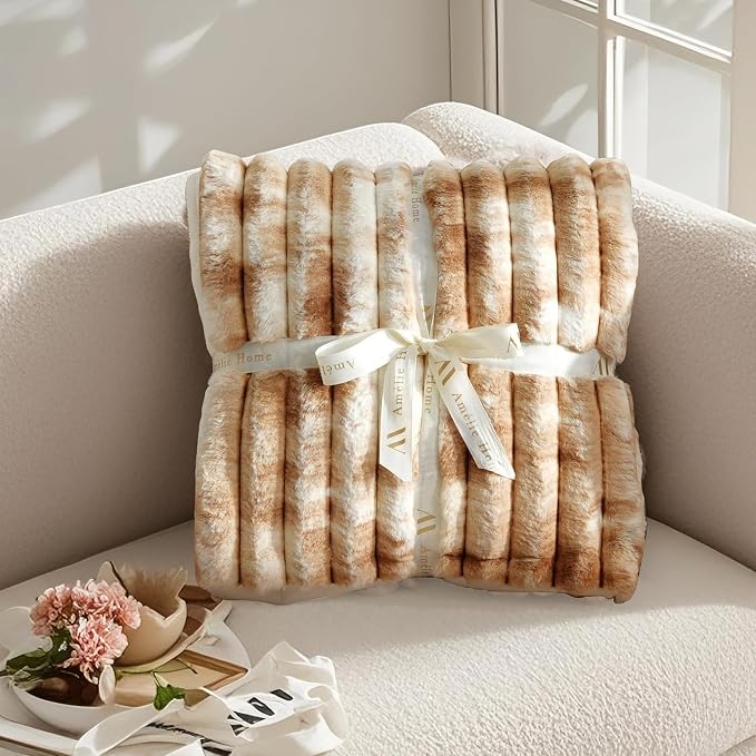 Faux Fur Throw Blanket for Couch, Cozy Fuzzy Fluffy Fur Luxurious Soft Striped Plush Gift Blankets for Family Sofa Chair Bedroom, 55"x70", Tie-dye Khaki