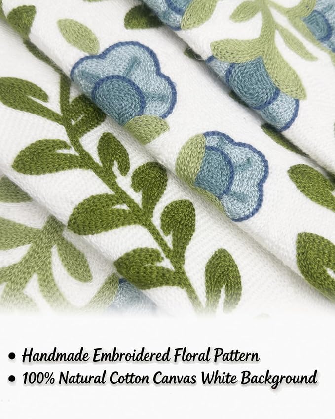 Alysheer Floral Embroidered Summer Decorative Throw Pillow Covers 20"x 20" Set of 2, Farmhouse Cottage Blue Flowers Green Leaves Knit Pattern Cotton Canvas Cushion Case for Couch Bed Living Room