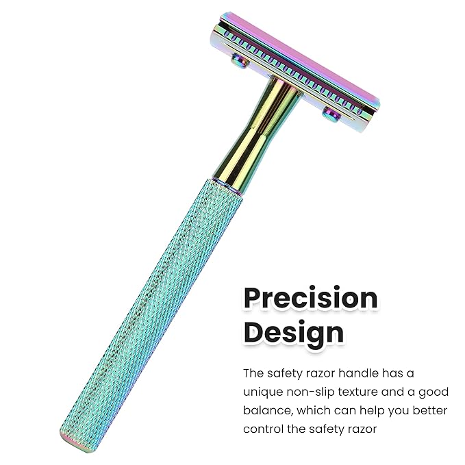 Keropy One Blade Safety Razor With Stand and 10 Premium Stainless Steel Reusable Safety Razor For Men and Women, Single Blade Safety Razors, Rainbow
