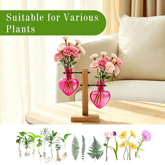 XXXFLOWER Plant Propagation Station Terrarium 2 Pink Heart Shaped Vase | Terrarium Kit Bulb Glass Metal Desk Plant Holder, Retro Air Plants Water Plants, Home Office Decoration