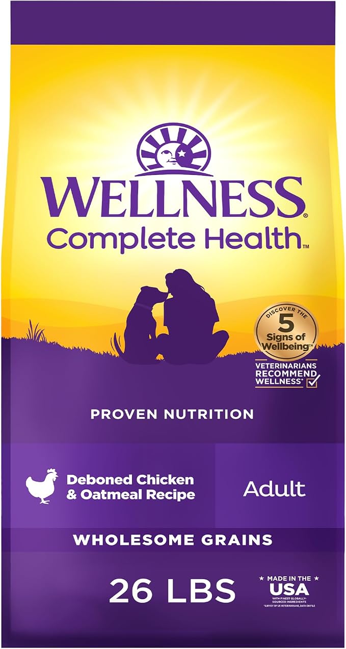 Wellness Complete Health Adult Dry Dog Food, Wholesome Grain Kibble, Natural, Chicken and Oatmeal Recipe, 26 lb Bag